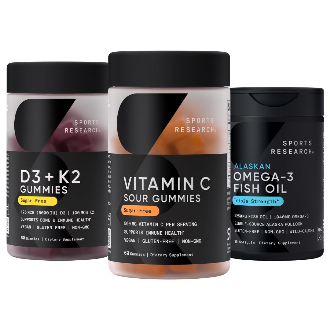 Sports Research® Multivitamin Gummies Pack - Vegan Vitamin C & Vitamin D3 + K2 Sugar-Free Gummies, and Alaskan Omega-3 Fish Oil 1250mg