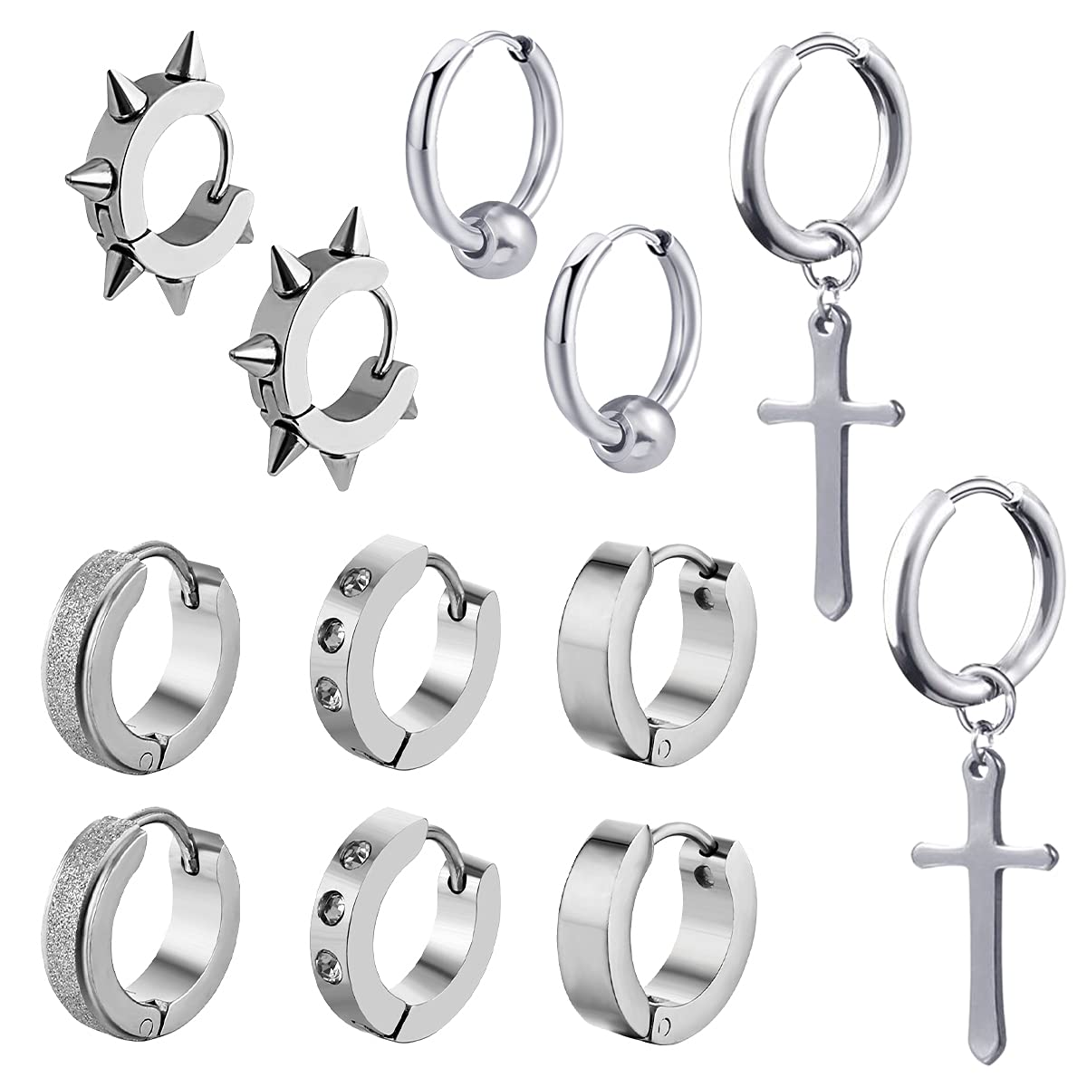 Orecchini A Cerchio Per Uomo E Donna - Set Da 6 Paia In Acciaio Inox, Con CZ, Argento, Nero E Oro Rosa - Foto 9