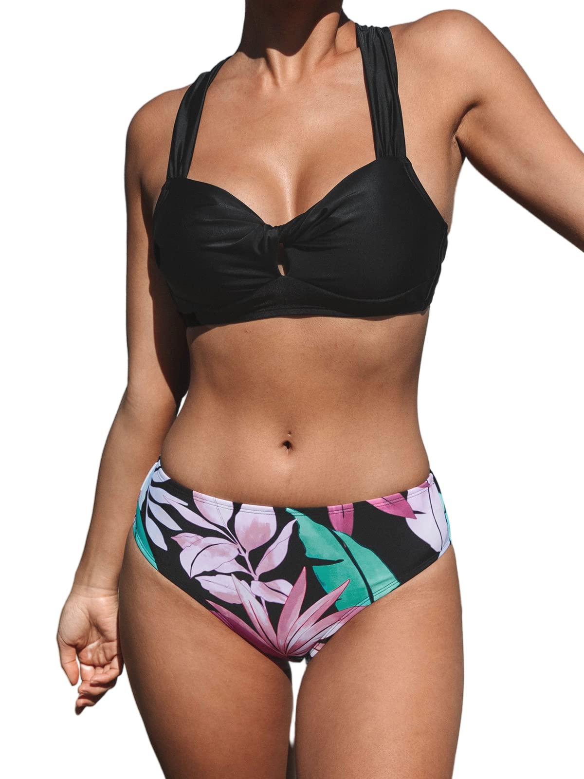 CUPSHE Conjunto de bikini para mujer, cintura media, cuello en V, corbata torcida, hipster, sexy, espalda cruzada, anudada, traje de baño fruncido, traje de baño de dos piezas