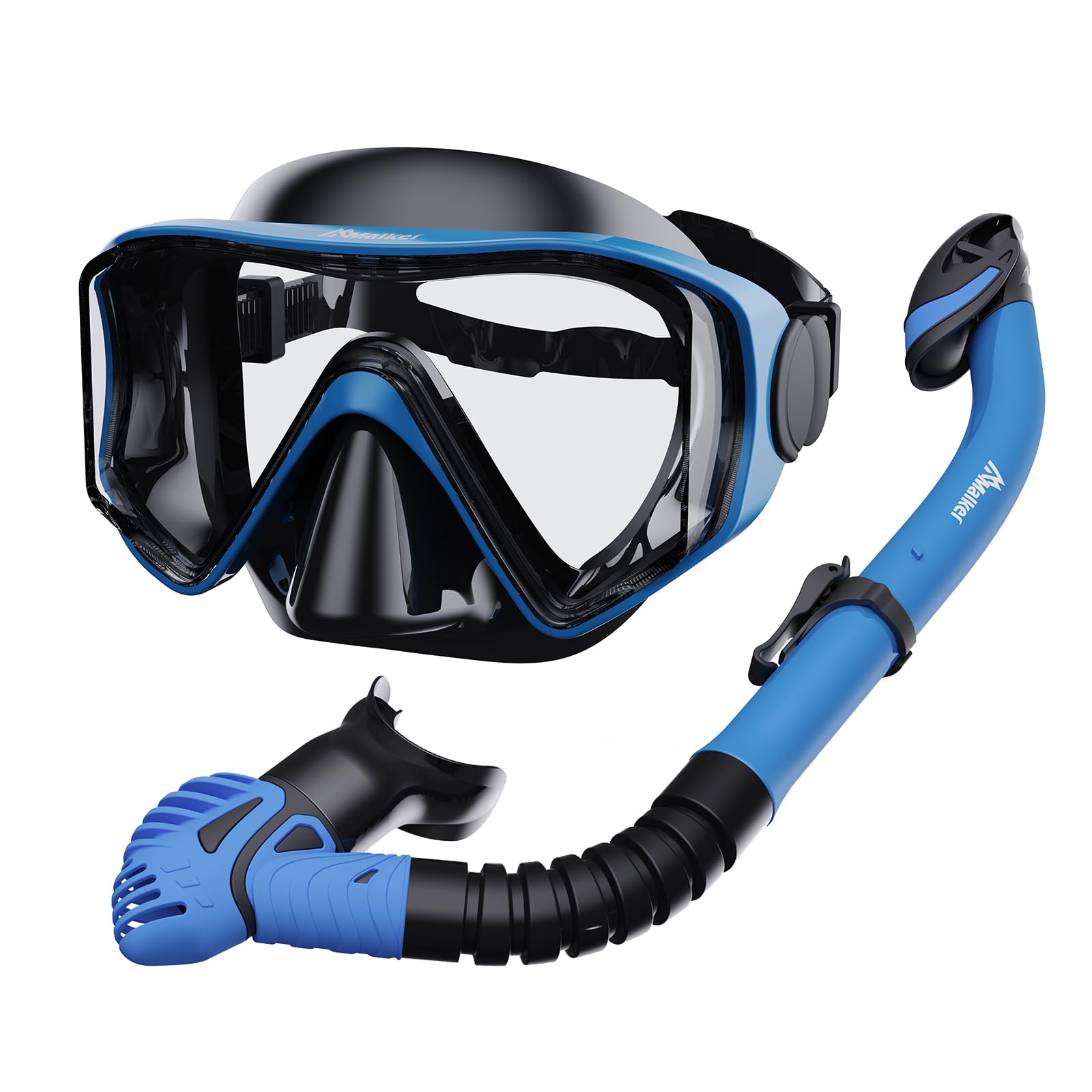 Malker Gafas de Buceo para Adultos Mascara Snorkel Dry Top Snorkel Antivaho Panorámico de 180° Mascara Snorkel con Bolsa de Red para Adultos Azul Claro
