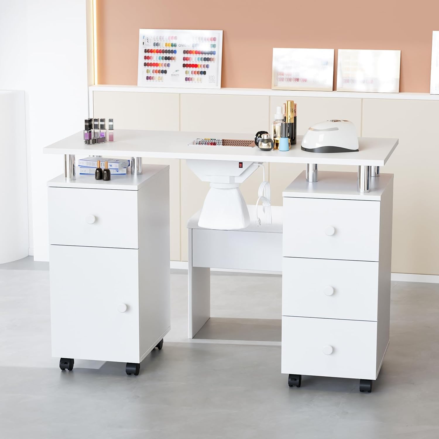 Mesa de Manicura para Uñas con Aspirador,8 Ruedas,3 Bolsas para Polvo, Reposamuñecas, 6 Cajones,Mesa Profesional para Artistas, tatuadores, Estudios y estética (Extra Grande Blanco)