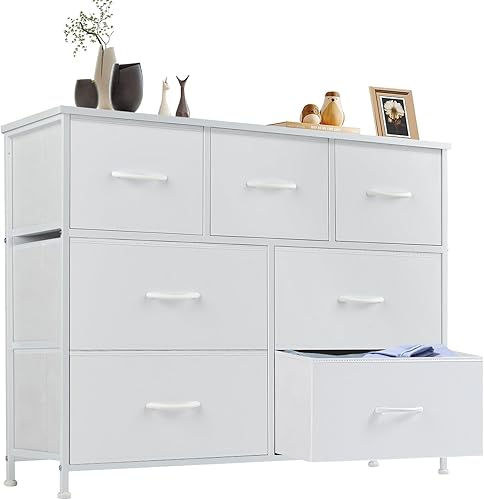 Sweetcrispy Cómoda para dormitorio, cajones de almacenamiento, soporte de TV torre de almacenamiento de tela con 7 cajones, cómoda con cubos de