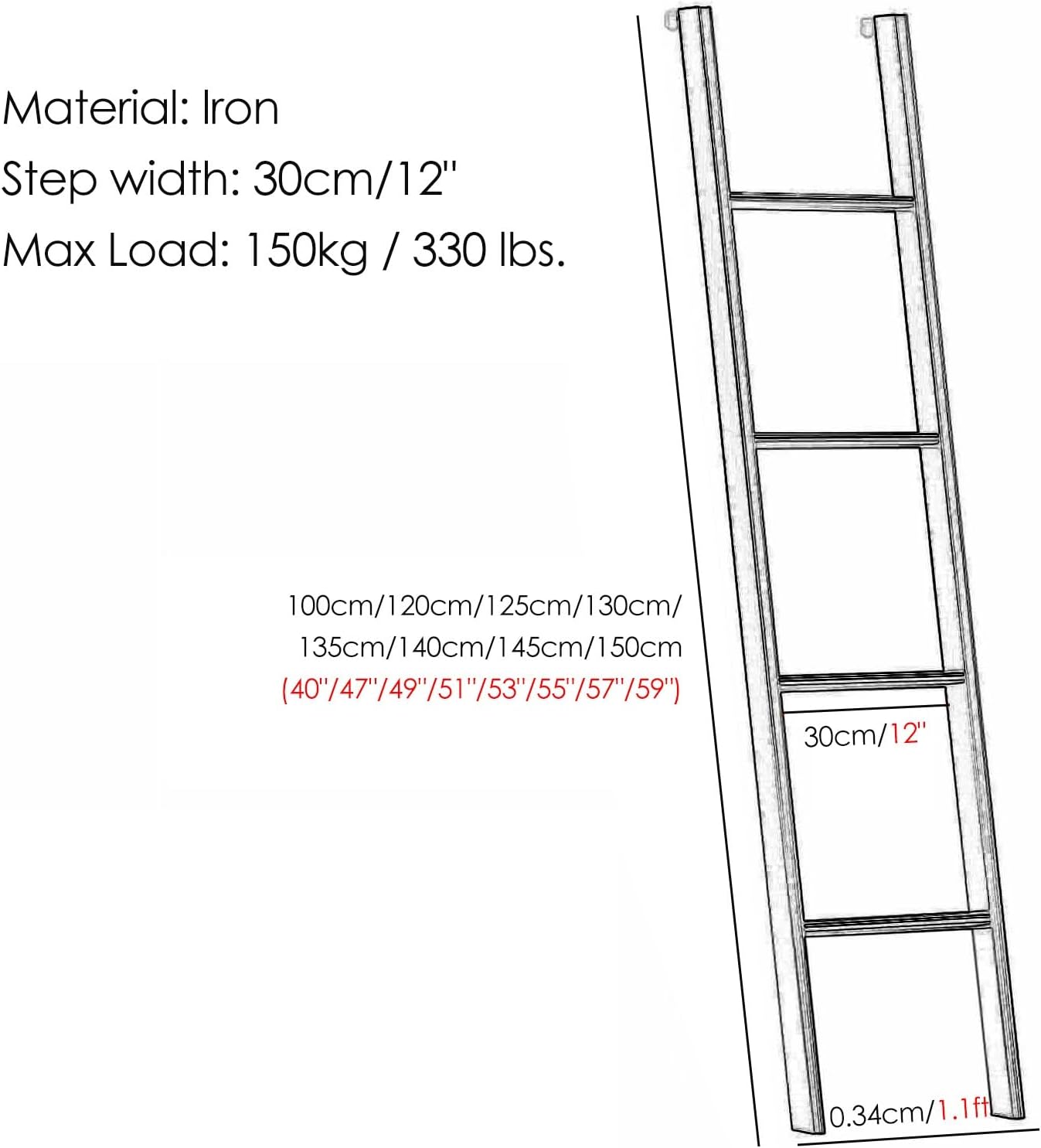 Metal Iron Bunk Bed Ladder Only, Adjustable Climb Ladder Home Top Bunk Step Ladder, Heavy Duty Camper Bed Side Ladder for Dorm Cabin Travel Trailer (Color : White, Size : 1.2m/47 I