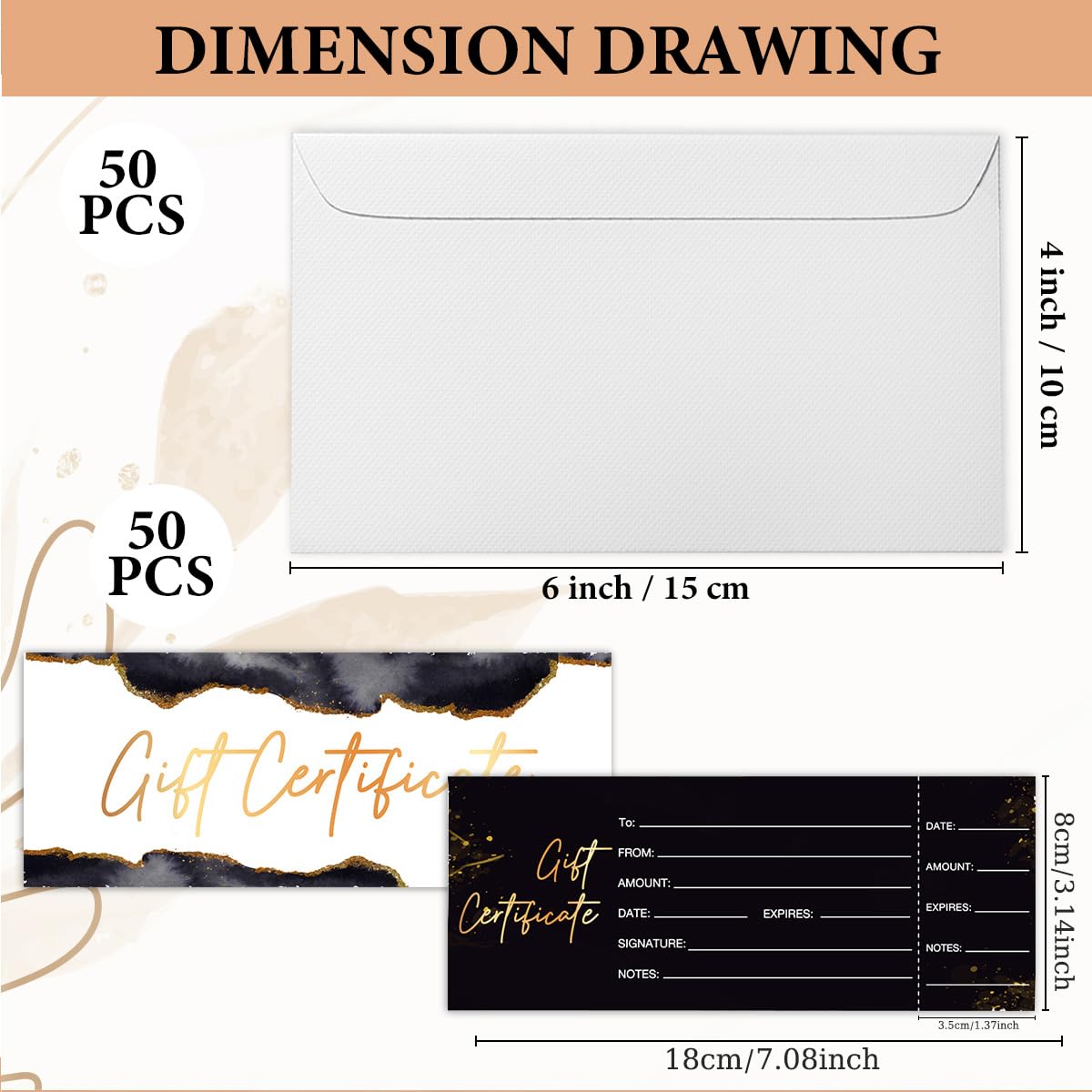 50 Sets Gift Certificates for Business, Blank Gift Cards Certificates with Envelopes, Gifts for Salon Restaurants Spa Marriage Birthday Client Vouchers 5.9 x 2.36 Inch - Black Marble