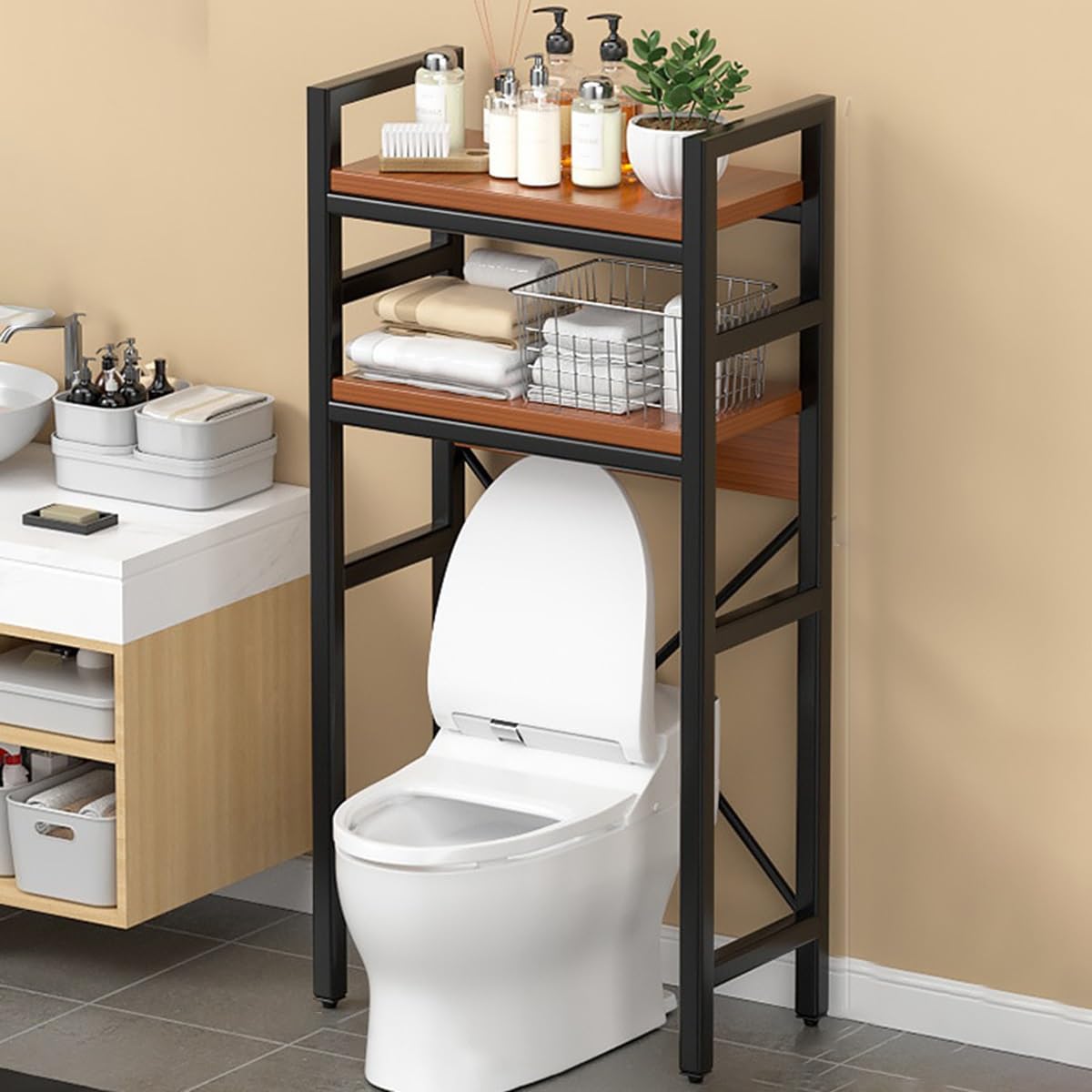 Étagère de rangement pour toilettes et salle de bain compacte à 2 niveaux en métal