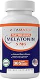 Vitamatic Melatonin 5 mg Tablets | Vegetarian, Non-GMO, Gluten Free | 1 Year Supply | Natural Berry Flavor - 365 Tablets