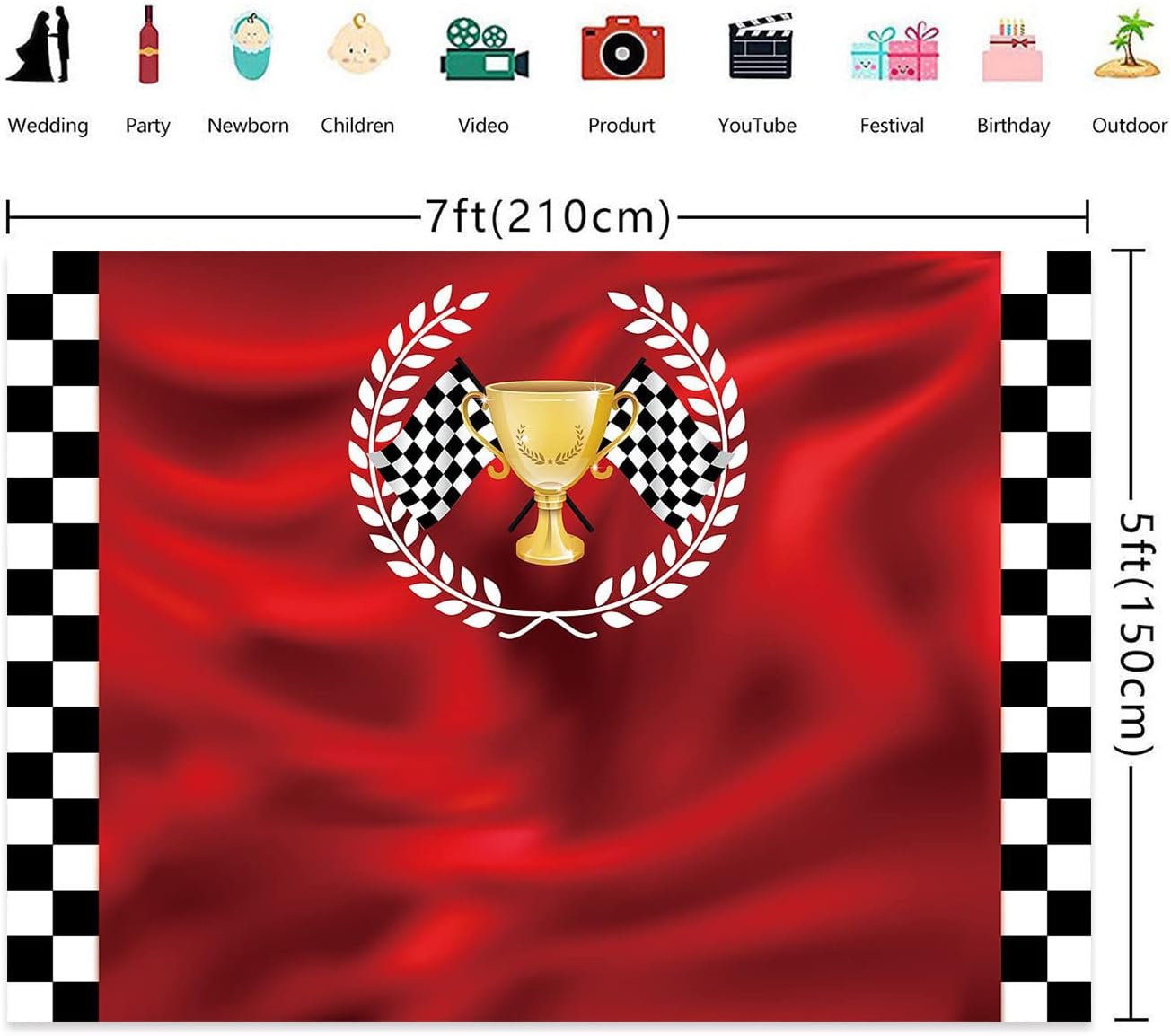 7x5ft Race Photo Backdrop Red Checkered Cars Party Motorcycle Finish Line Backdrop for Birthday Black White Grid Flag Racing Photograph Background Baby Shower Decor