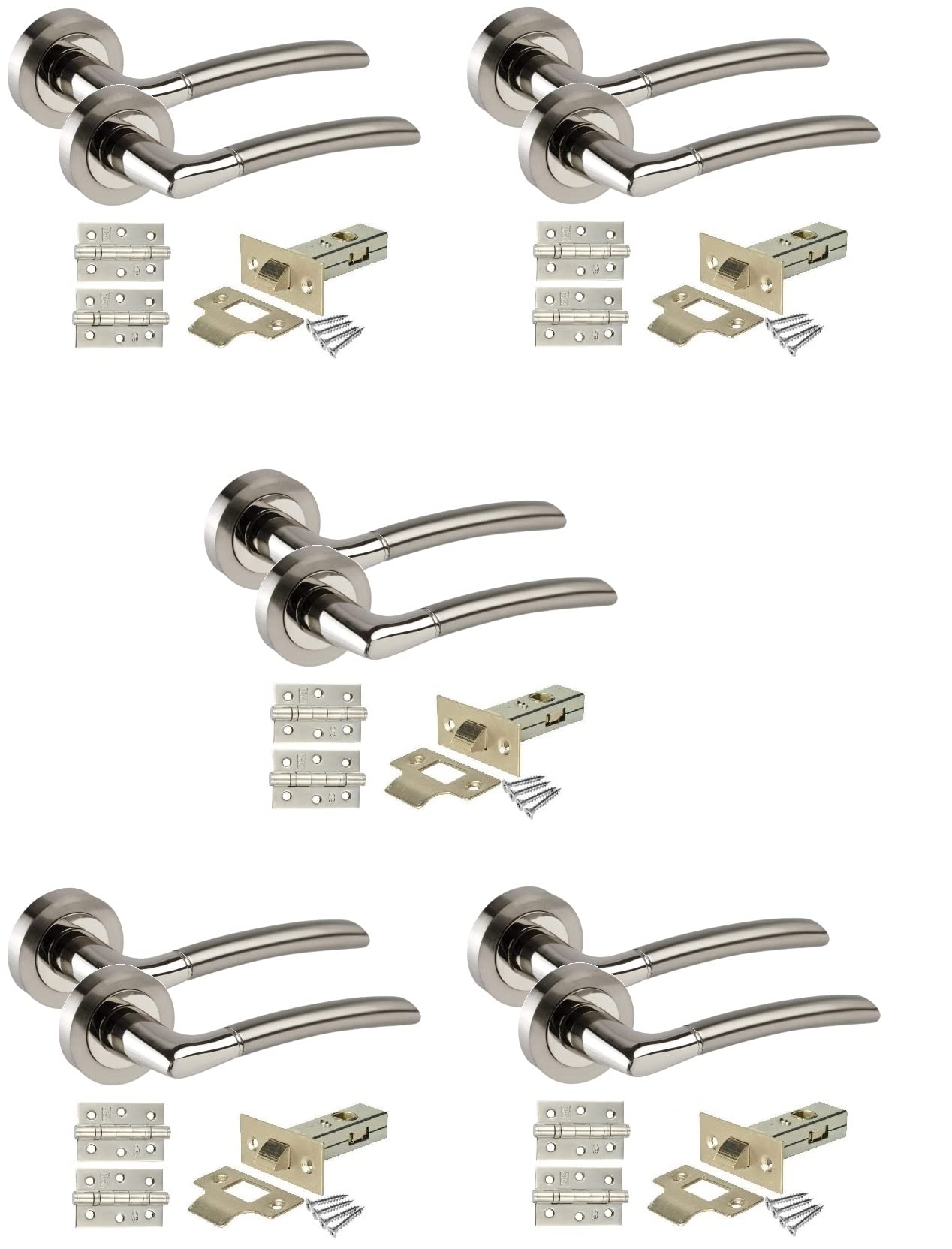 Golden Grace Indiana Style Modern Chrome Door Handles on Rose with Duo Finish Door Lever Latch Pack with Ball Bearing Hinges and 64mm Tubular Latch or Bathroom Set or Lock Set (5 Sets)