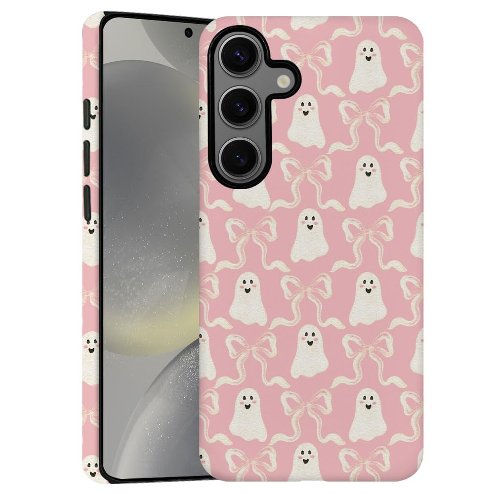 Case Compatible with Samsung Galaxy S24 Plus - Hybrid Durable Shockproof Phone Cover,Cases for Woman Girl - Halloween Ghost Pink Bow
