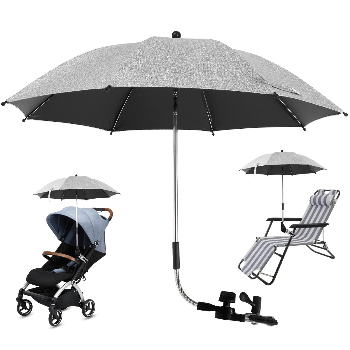 Ombrello Passeggino Universale Anti UV 50+, Ombrellone Passeggino Universale con Morsetto Regolabile e Braccio Regolabile, Ombrello Passeggino Comfort per Esterni Spiaggia Giardino