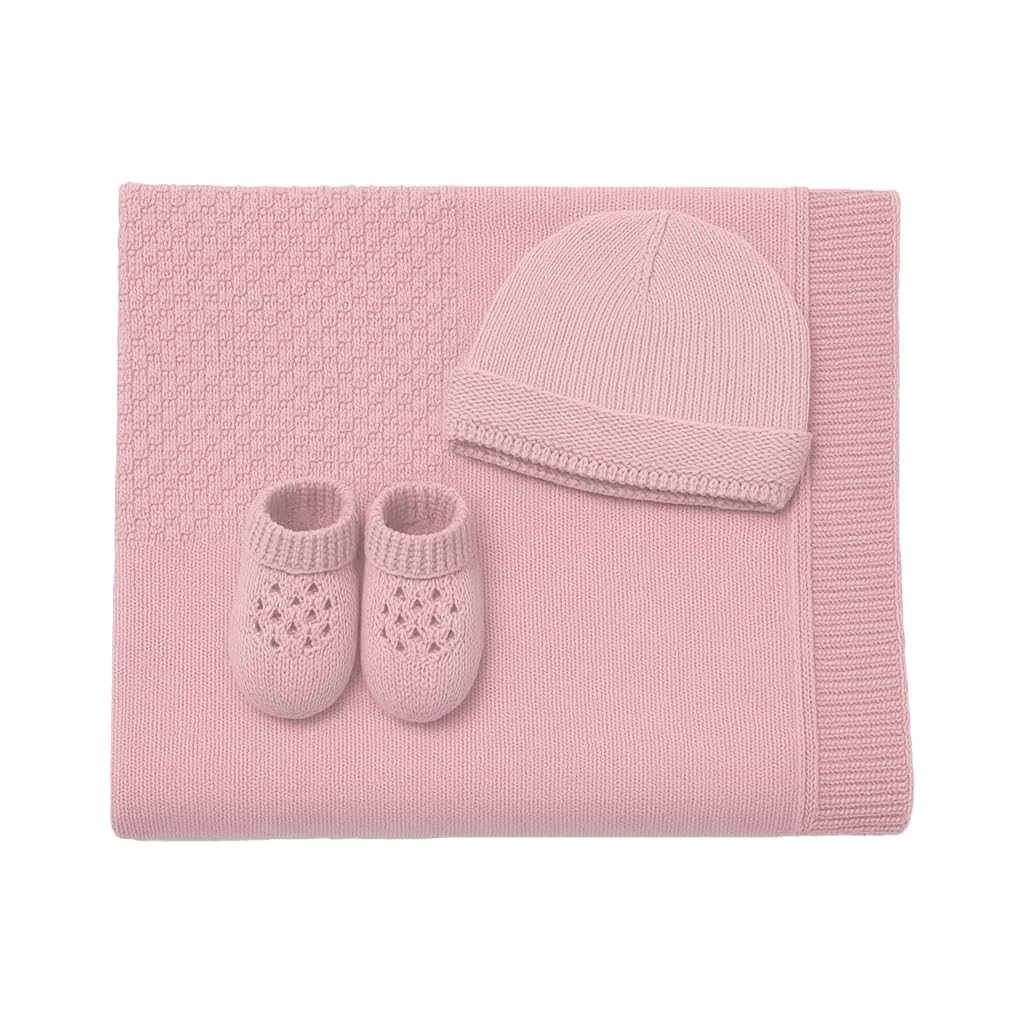 CLASSE77 Copertina in Lana Merino per Neonati con Babbucce e Cappello, Prodotto Artigianale, Made in Italy (Rosa)
