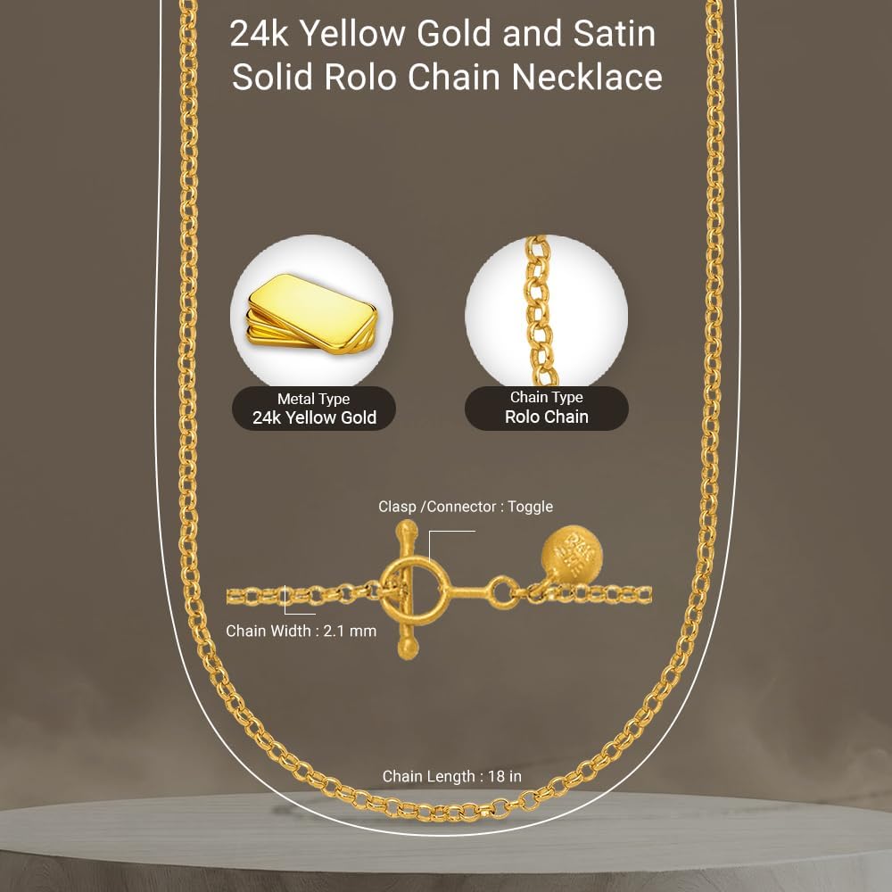 Diamond2Deal 24k Yellow Gold Polished and Satin 2.1mm Solid Rolo Chain Necklace 16" to 24" Chains 7.97 gram