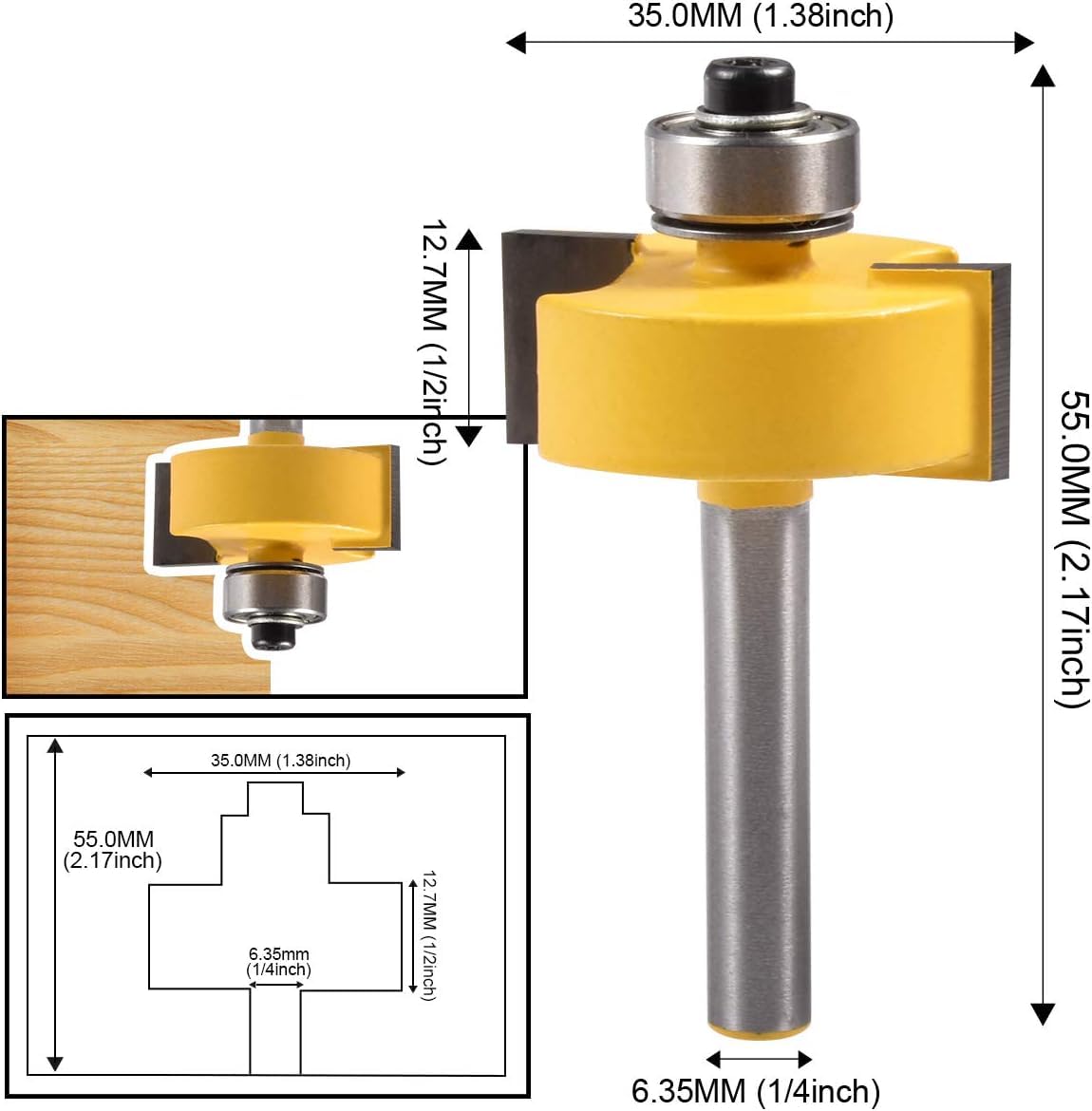 HOHXEN 1/4 '' Rabbet Router Bit with 6 Adjustable Bearings Set - Image 2