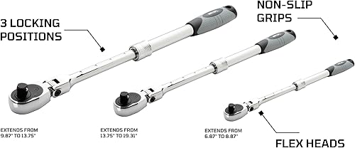 Miniatura 3 de EZRED MR482FL - Juego de trinquete extensible, 3 piezas, color plateado
