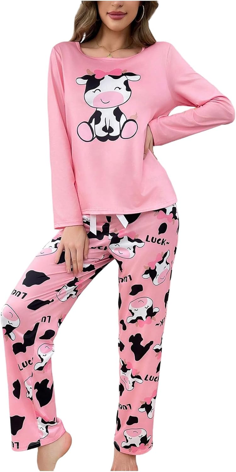 SweatyRocks Women's Long Sleeve Pajama Set Cute Cow Print Pullover Tops and Pants Sleepwear Lounge Set