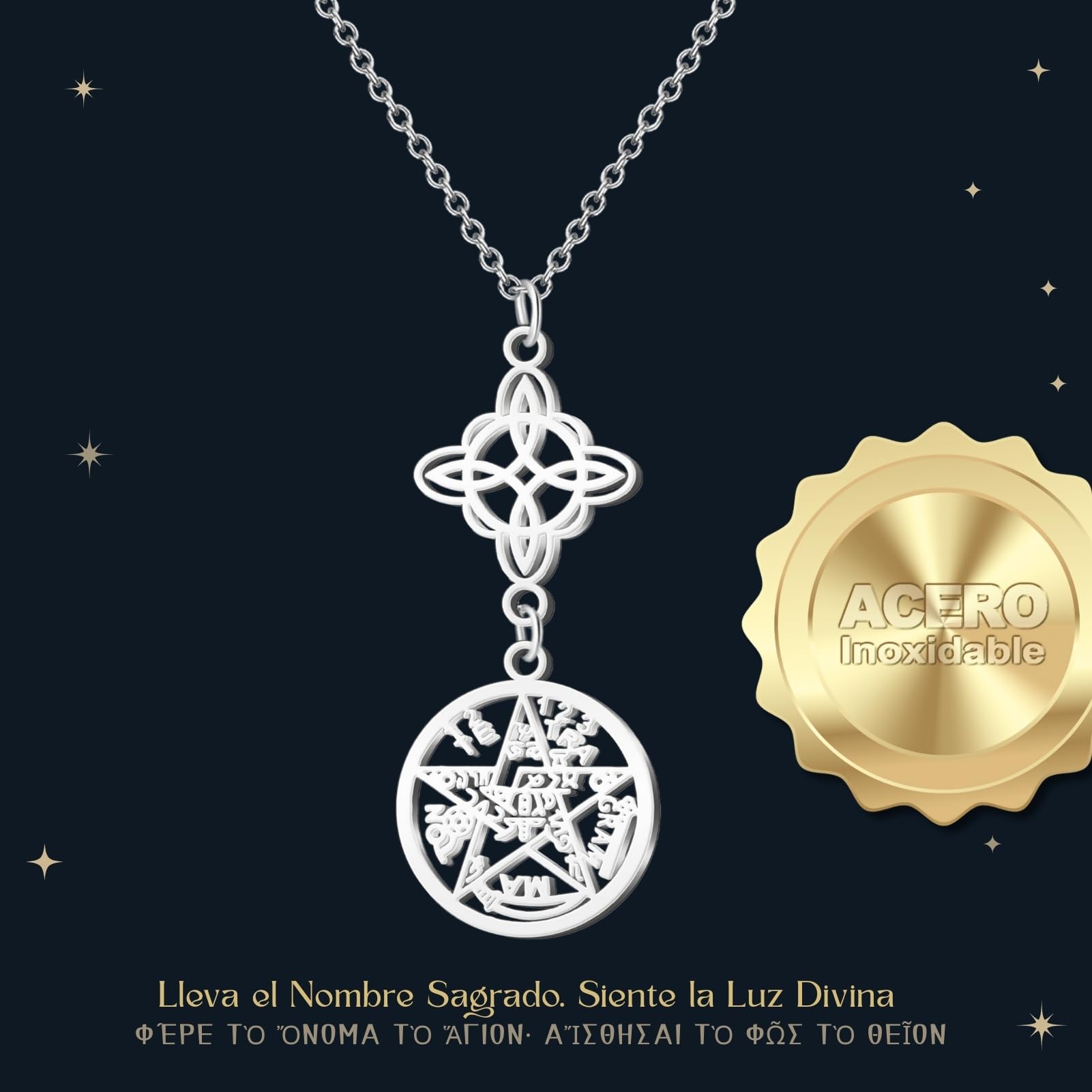 Cotigo- Collar para Mujer Nudo de bruja y tetragramaton amuleto de suerte y proteccion, doble proteccion, ojo turco, piedras de chakras.
