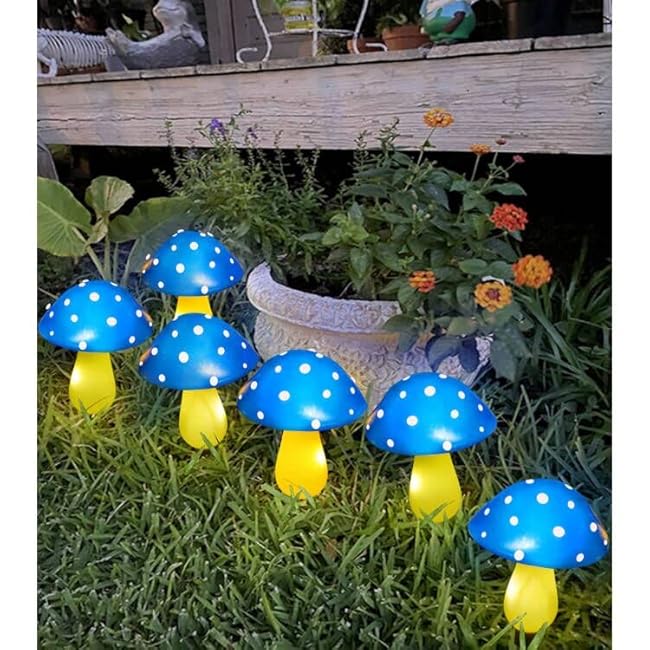 6-Pack Blue Solar Garden Lights, Solar Powered Mushroom Stake Lights for Outdoor Yard Decor, Waterproof Garden Ornaments for Backyard Lawn Deck Landscape Fence Christmas Halloween Decorations