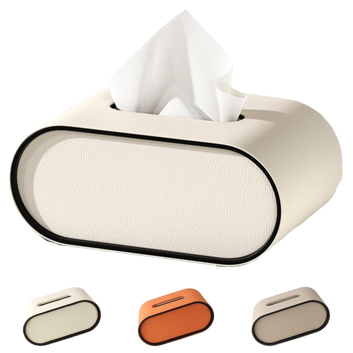 ADZJOY Oval Leather Tissue Box, Luxury Tissue Holder, Leather Printed Tissue Box, Living Room Bedroom Tabletop Napkin Organizer(White)