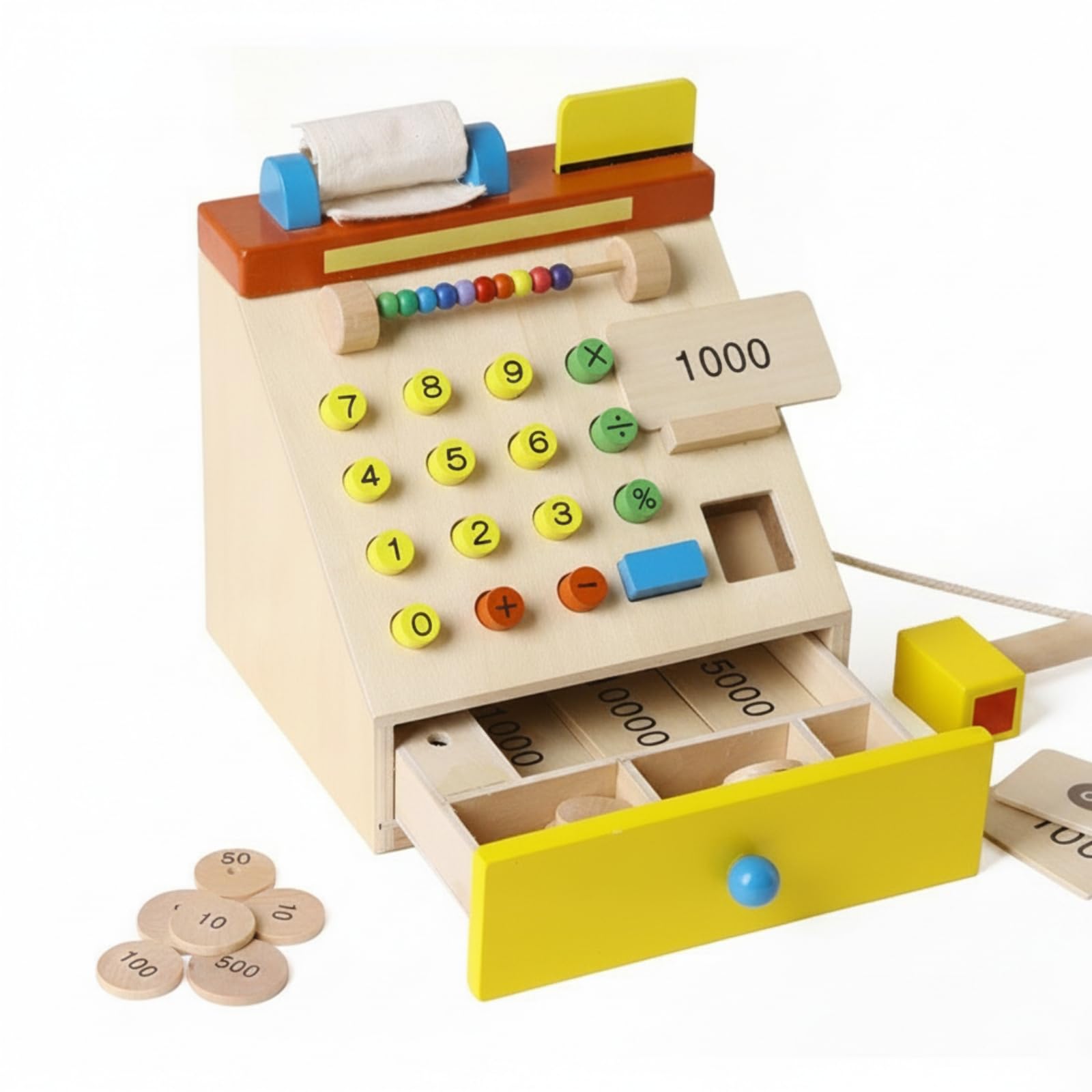 Registratore di Cassa Giocattolo in Legno Gioco Imitativo Soldi Finti per Bambini, Apprendimento Precoce