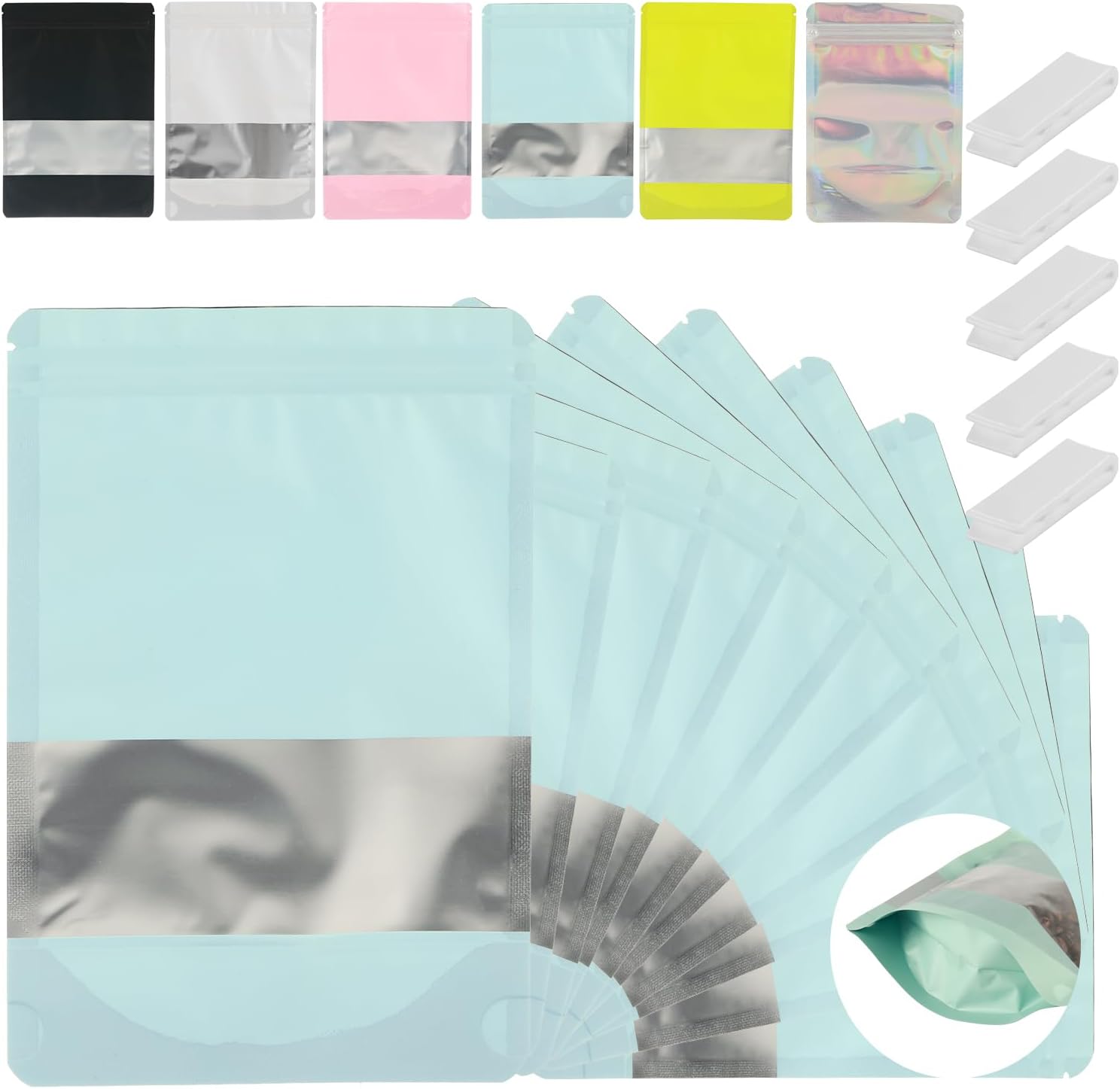 200 Pcs Mylar Bags for Food Storage – 6×9 Stand Up Bags with Window, Resealable, Smell Proof, Freeze Dried Candy & Jewelry Packaging, Blue