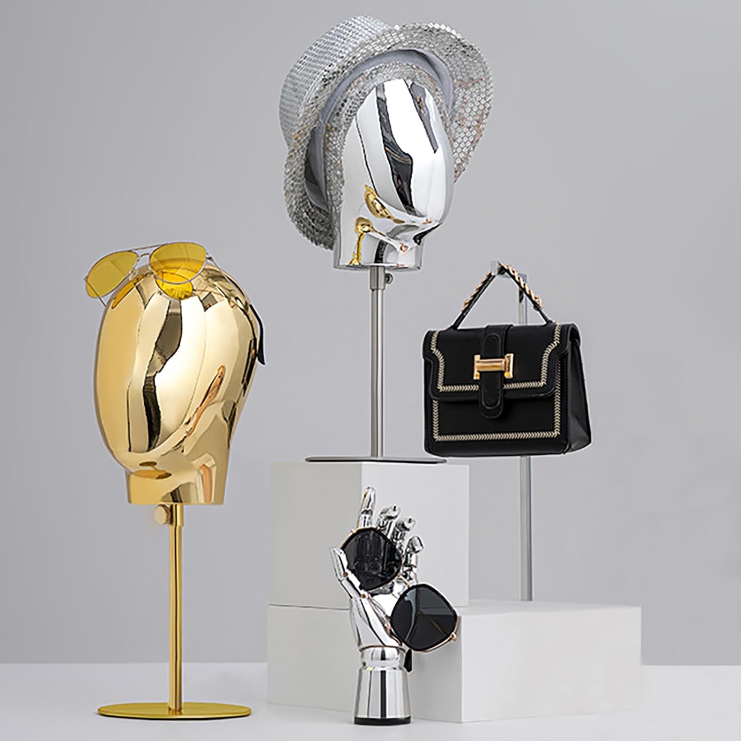 CHADWICK Wig Head Stand with Mannequin Head, 20 Inch Chrome Wig Holder, Wig Stand Manikin Head, Standing Mannequin Head for Wigs, Hats, Luxury Look at Home, Salon, Adjustable Height 17-28 inch