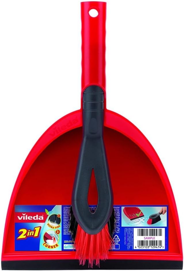 Vileda 2x1 Short Handle Dustpan Standard – Dustpan And Brush, Ultra-Thin Black Fibers, Red Fibers, Ergonomic, Versatile, - Red & Black (25 x 5 x 35 cm)
