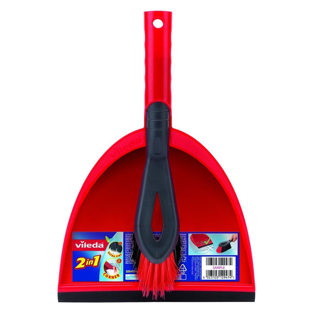 Vileda 2in1 Kehrset mit extra Borsten für Sauberkeit in den Ecken, Handfeger & Kehrschaufel, Farbe Rot, 1er Pack