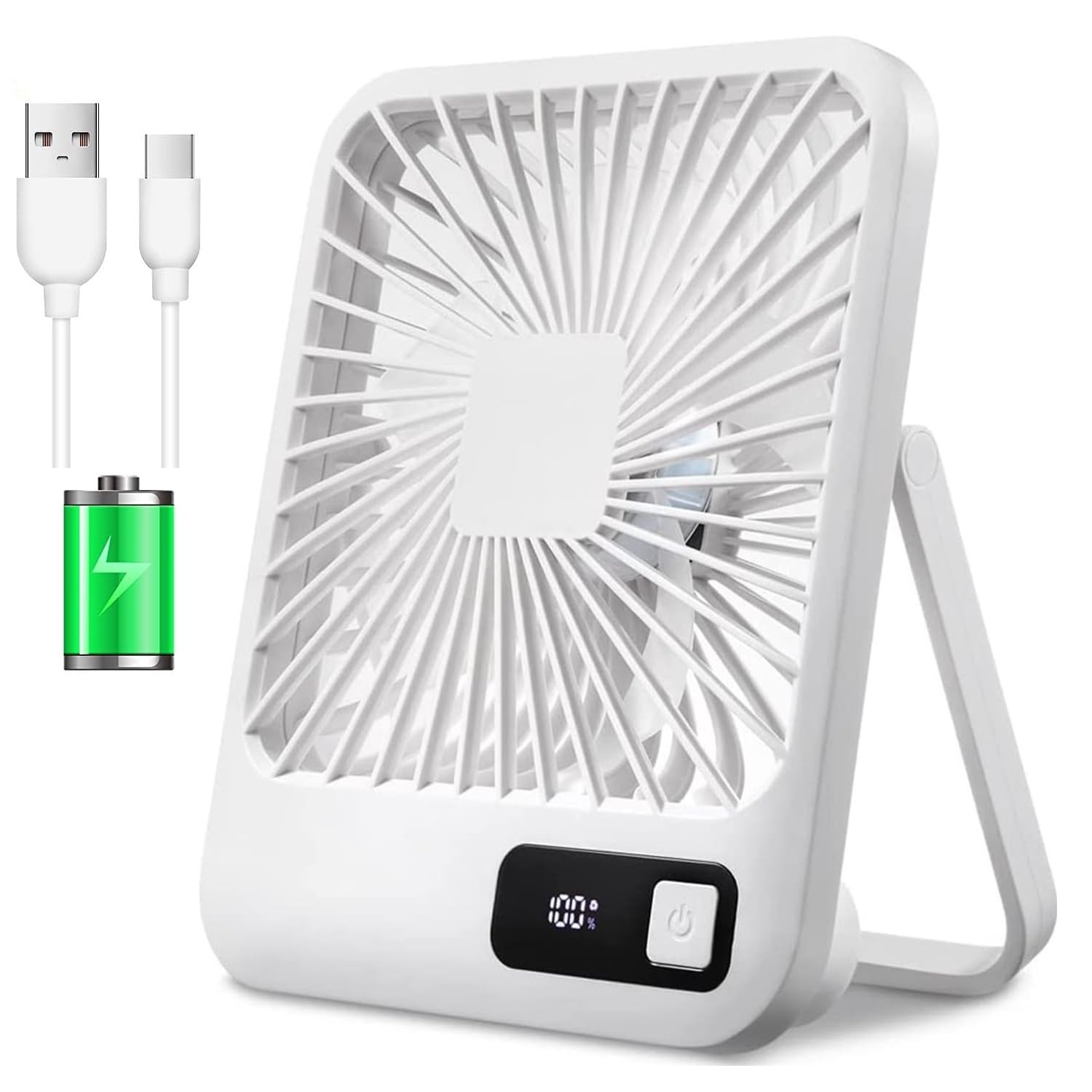 KAMISAFEDesk Fan Battery Operated Fan, USB Rechargeable Desktop Fans Small Quiet 180° Foldable Portable Fan for Office Bedroom Travel Outdoor, 5 Speeds Adjustable, LED Power Display