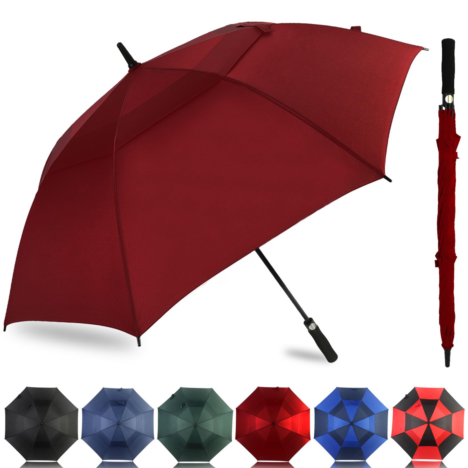 LLanxiry Extra Large Golf Umbrella, Windproof & Heavy Duty, Double Canopy Vented Automatic Open Umbrellas for Rain & Wind, Oversized Umbrella for Golf, Outdoor Sports, and Travel (Wine/62in)