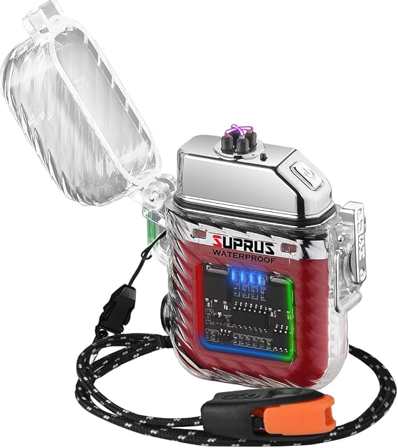 SUPRUS Zapalniczka z 3 trybami pracy, wiatroszczelna, wodoszczelna, elektryczna, zapalniczka do wielokrotnego ładowania, z podwójną plazmą, z gwizdkiem ratunkowym i smyczą