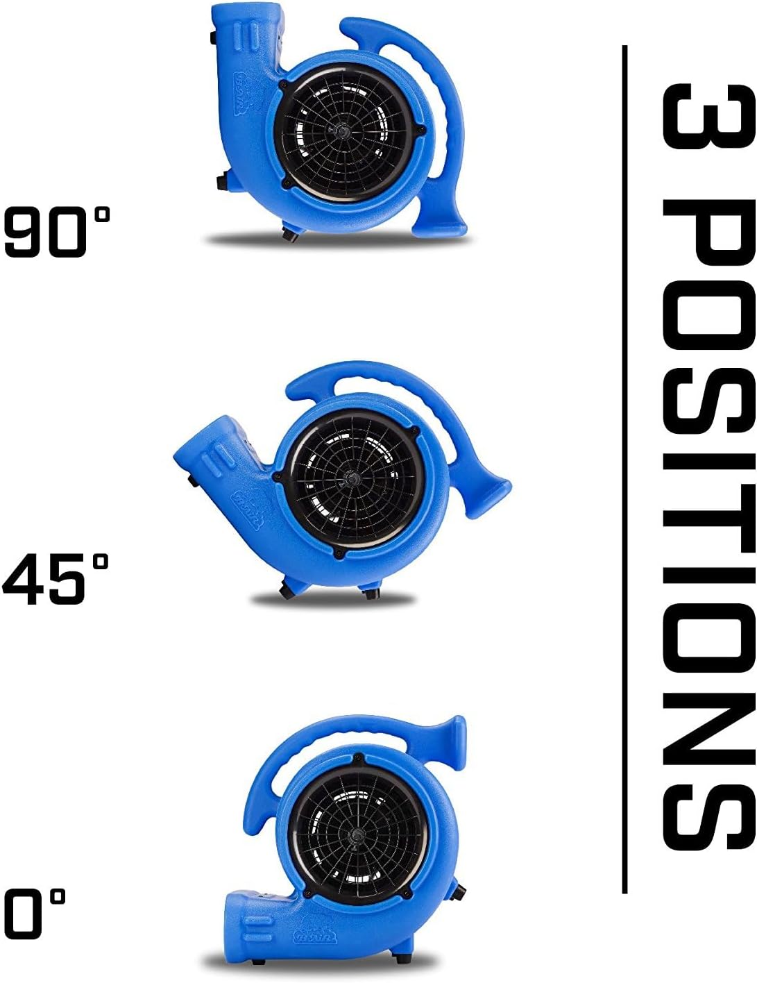 Diagram showing the B-Air VP-25 Air Mover in three operating positions: 0 degrees (flat), 45 degrees (tilted), and 90 degrees (upright).