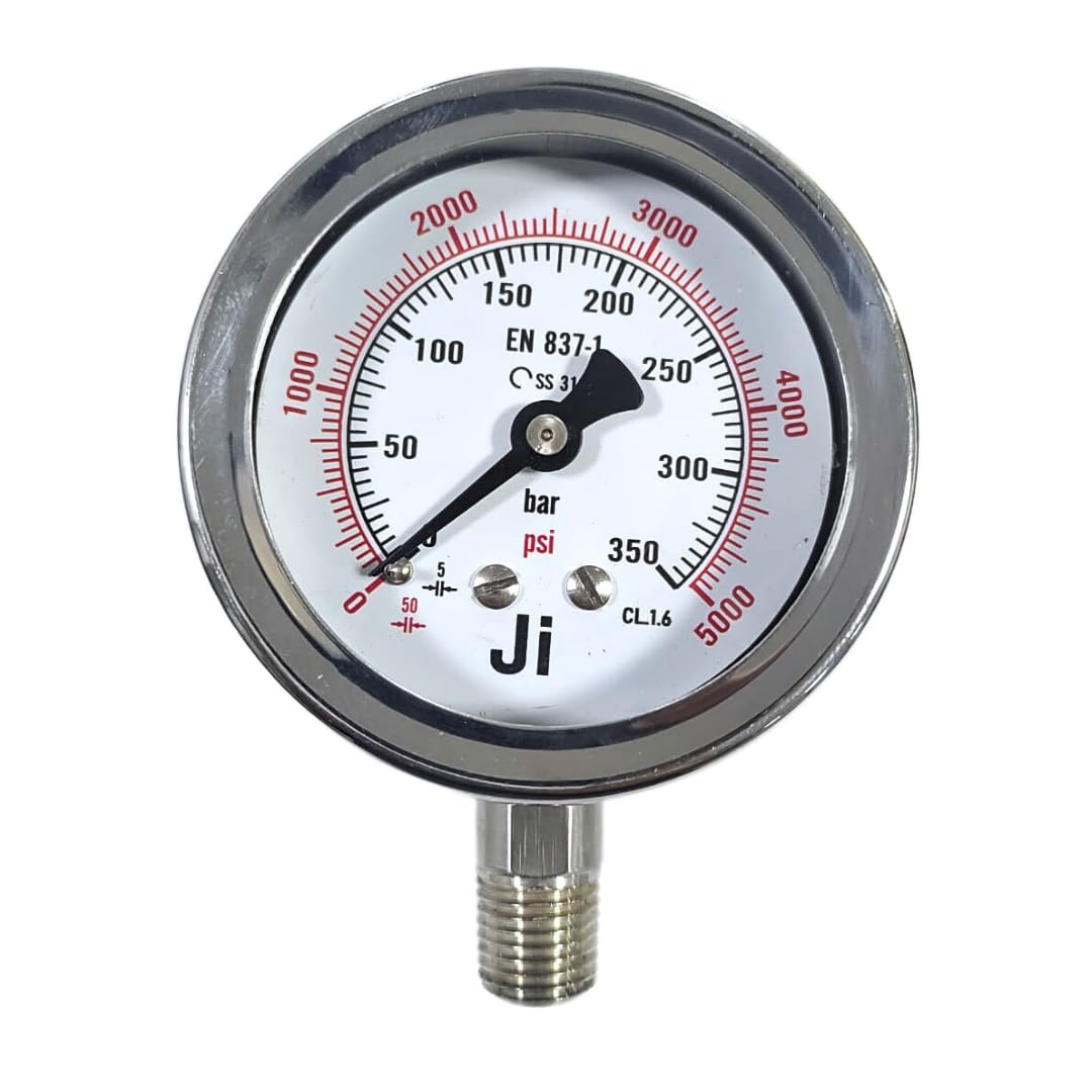 "JI" Japsin Instrumentation Economical Pressure Gauge, 2 1/2" Dial, Range 0 to 350 Bar With Dual Scale of 5000 PSI, Direct Mounting Bottom Entry, 1/4" NPT (M) Connection, SS Body-image-9
