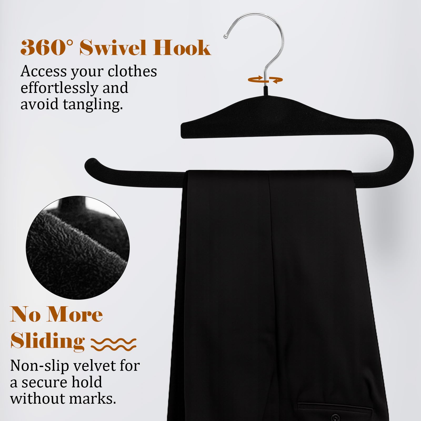 Perchas de terciopelo antideslizantes para pantalones, paquete de 10 perchas de ropa, ahorro de espacio para pantalones de terciopelo para camisetas sin mangas, brasier, camisas (negro)