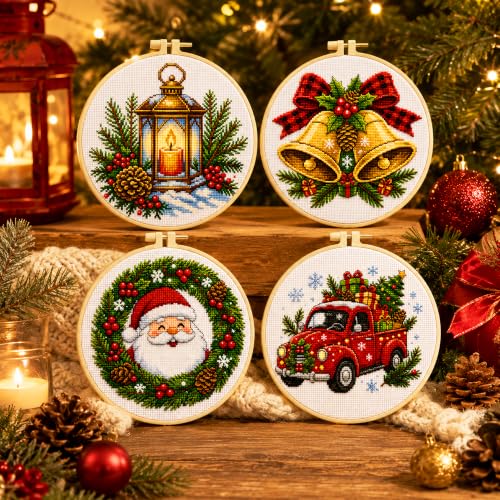 Image of Zhenqing 4 Christmas Cross Stitch Kit, 11CT Santa Truck Bell Set