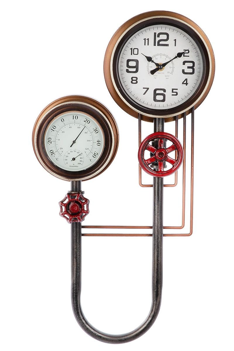 GILDE Orologio da parete industriale con termometro e igrometro, altezza 55 cm, metallo nero rame