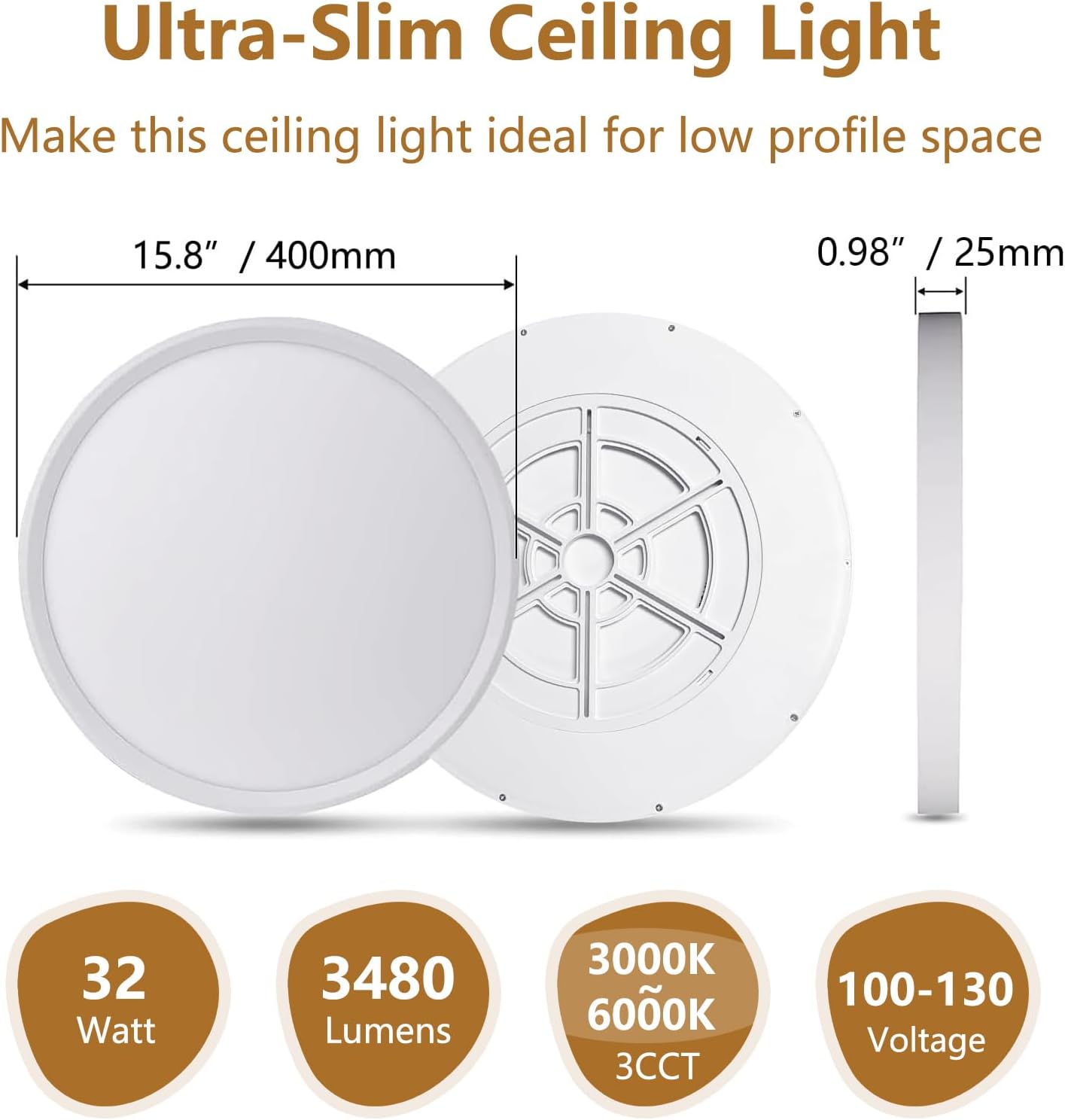 Dimmable 15.8 Inch LED Flush Mount Ceiling Light, 32W, 3480LM, 2700K/3000K/4000K/5000K/6000K CCT Selectable,LED Round Flat Panel Light Dimmable from 5% to 100% for Bedroom,Kitchen,Hallway, White 6PK