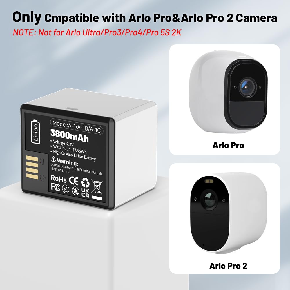 Batteria di ricambio da 3800 mAh compatibile con fotocamera Arlo Pro, Pro 2, con stazione di ricarica rapida PD (2 batterie+1 caricabatterie)