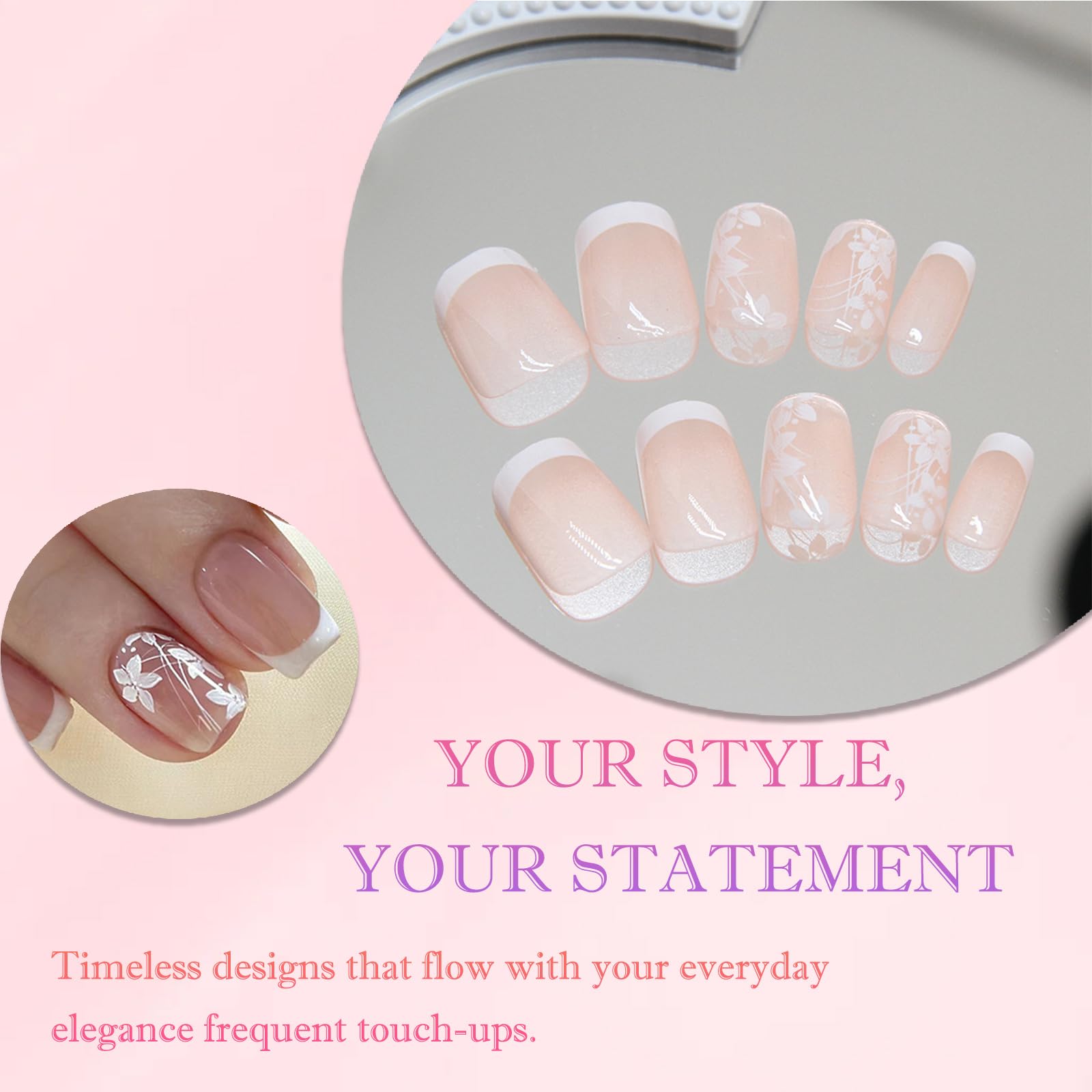 Natural Nude Pink Glossy Artificial Nail Tips with Delicate White Floral Vine Pattern - Image 4