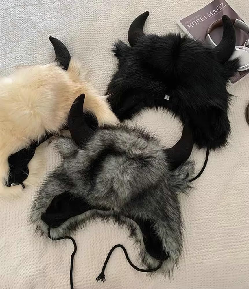 Unisex Plush Fluffy Faux Fur Skull Cap with Cow Horn Decor Warm Winter Cosplay Party Beanie Hat Bull Earflaps Cap
