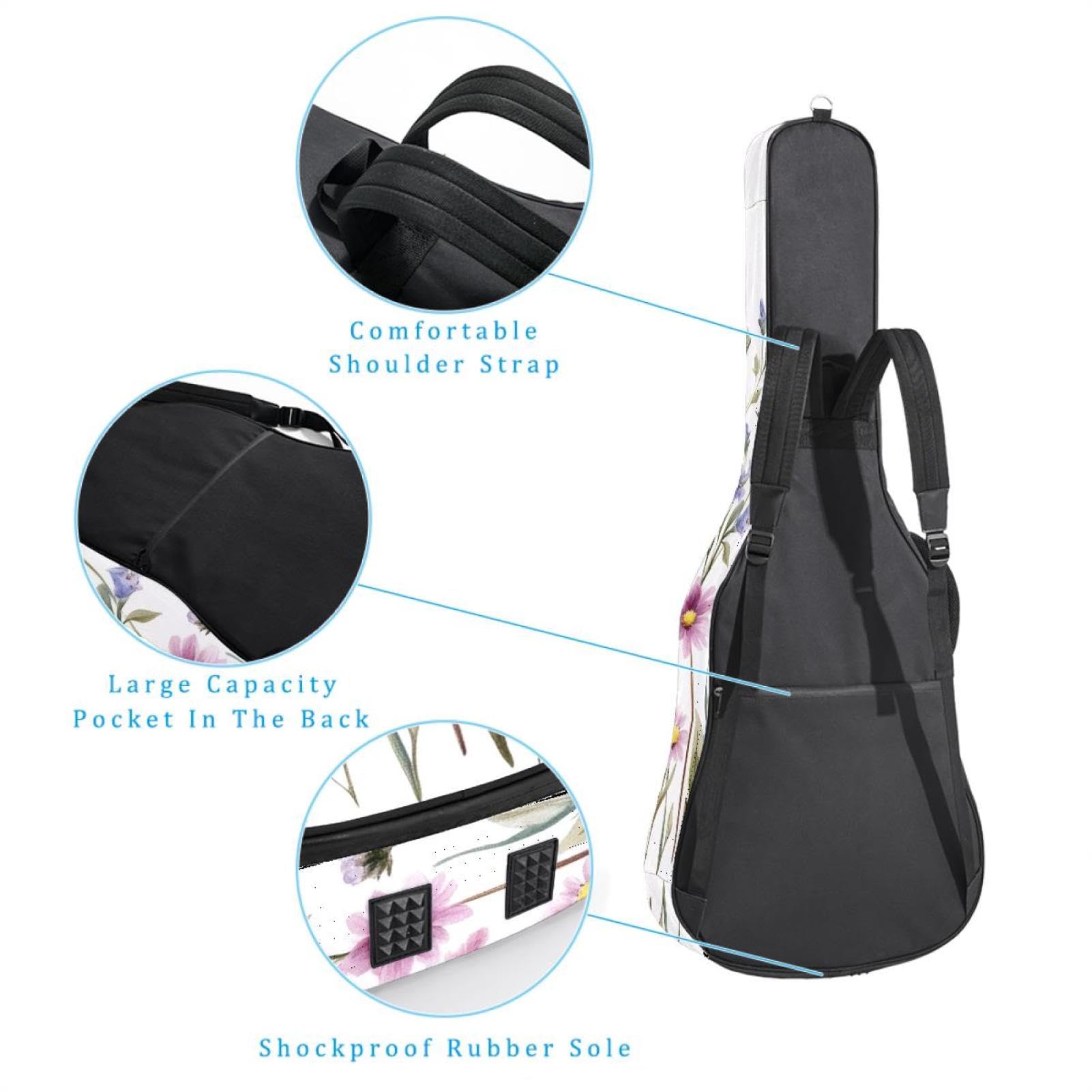 Gitarrentasche, 101,6 cm, 104,7 cm, 1 cm dick, Schaumstoff, weich gepolstert, für Akustik-, E-Bass, klassische Gitarre, Aquarell-Wiesenblumen, Blätter und bunte Schmetterlinge, Mehrfarbig 06