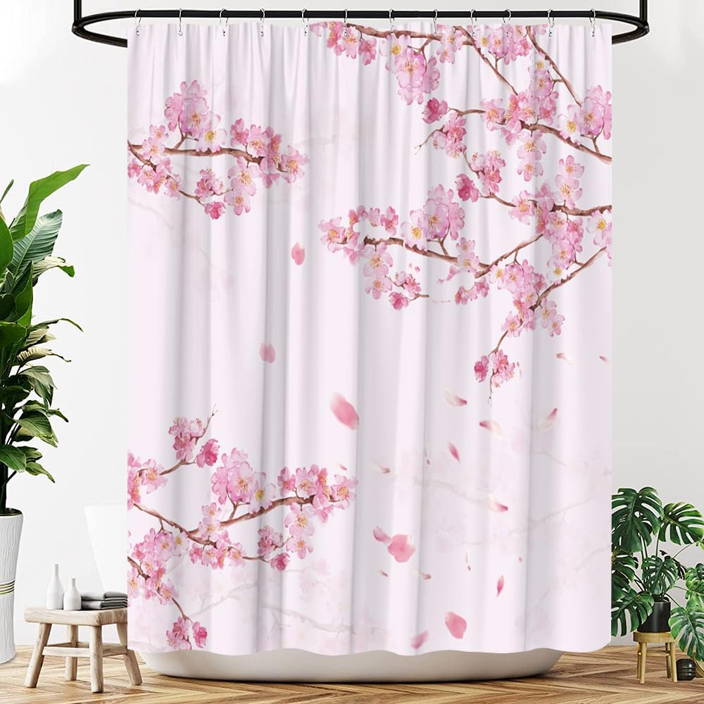 Cherry Blossom Shower Curtain Plum Asian Japanese Chinese Aesthetic Landscape Fabric Bathroom Decor Curtains with Hooks, 70" Wx86 H