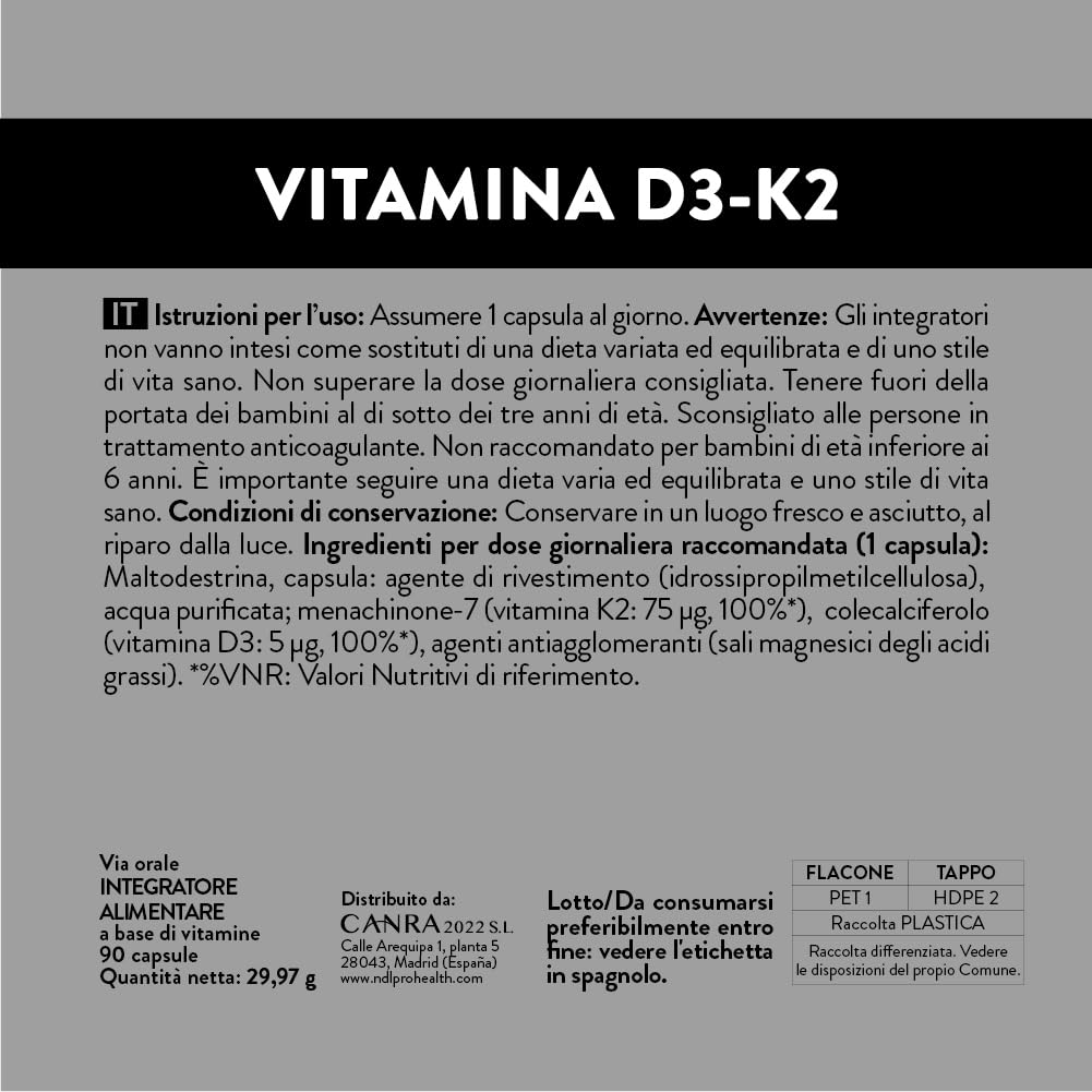 NDL Pro-Health Vitamina D3 + K2 | Supporto per ossa e sistema immunitario | Contribuisce al normale metabolismo del calcio | 90 capsule vegetali, 3 mesi | Un marchio di Rafa Nadal & Cantabria Labs