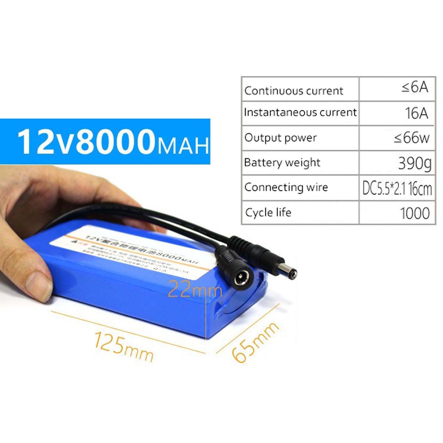 Batteria al litio 12 V, batteria ricaricabile ai polimeri 8000 mAh con porta CC per dispositivi, alimentatore di riserva portatile impermeabile