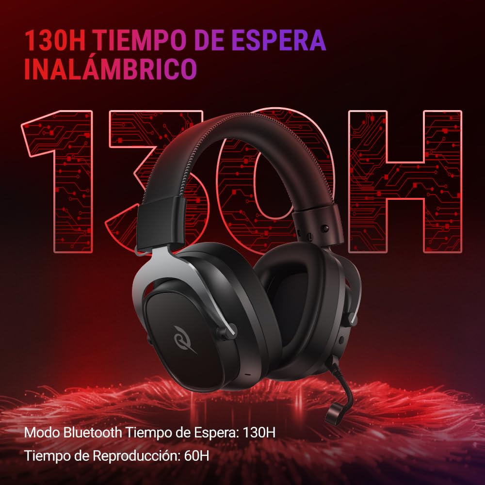 QCY Heroad VT200 Cascos Gaming Inalámbricos para PC/Ps5/Ps4/Switch/Mobile, 7.1 Sonido Envolvente, Auriculares Gaming con 2.4 GHz+Bluetooth 6.0, Duración 130H, Drivers 53mm, RGB -Plata Negro