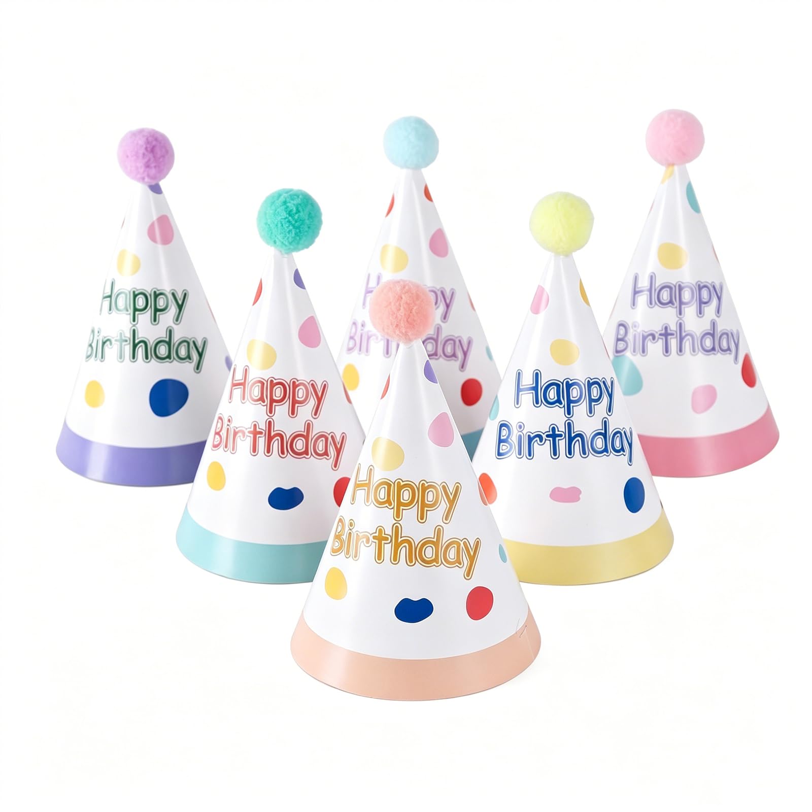 Daxiangsheng Lovely Happy Birthday Party Hats with Pom Poms, 6Pcs
