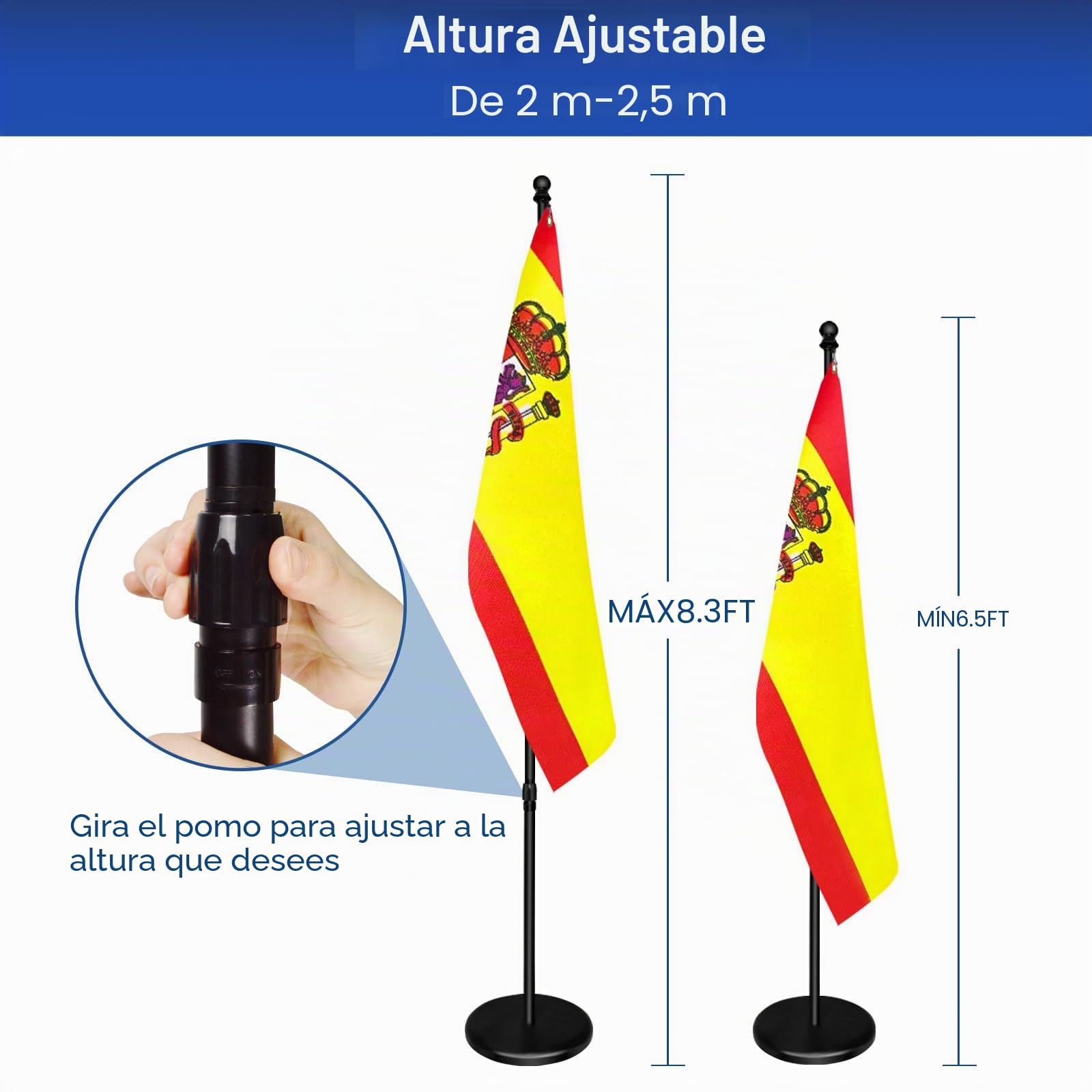 Mástil de bandera de interior con base, 200 cm-252 cm elevado y bajado para ajustar la altura, la base añade peso, los mástiles giran 360 grados, bandera de España de 90 x 150 cm. Adecuado para