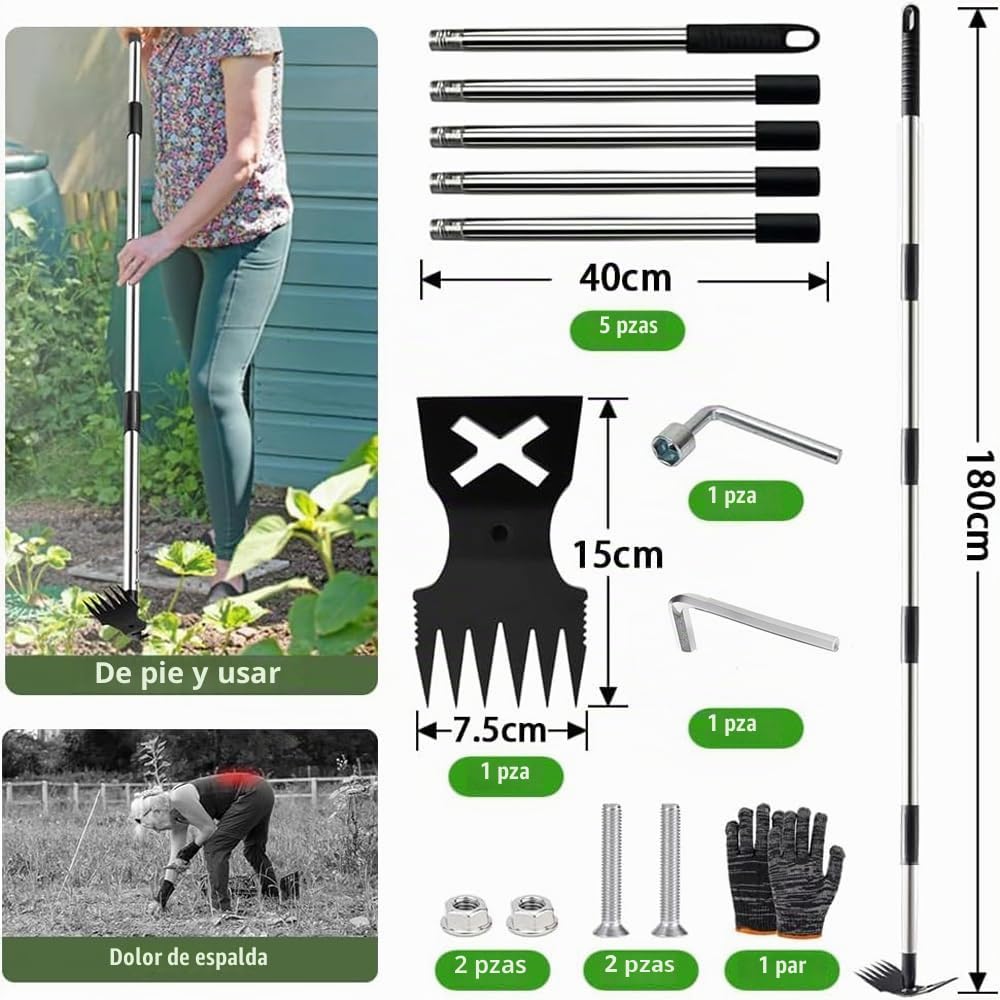 Extractora de Malas Hierbas con Mango Largo de 180 cm,Rastrillo de Azadas de Jardín 2 en 1 para Desmalezar,Quitar Malas Hierbas Jardin Mango Largo,Herramientas de Jardín para patio,césped,patio,jardín