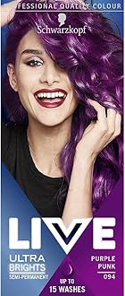 LIVE Ultra Bright or Pastel Purple Hair Dye, Pack of 3, Semi-Permanent Colour lasts up to 15 washes - 094 Purple Punk