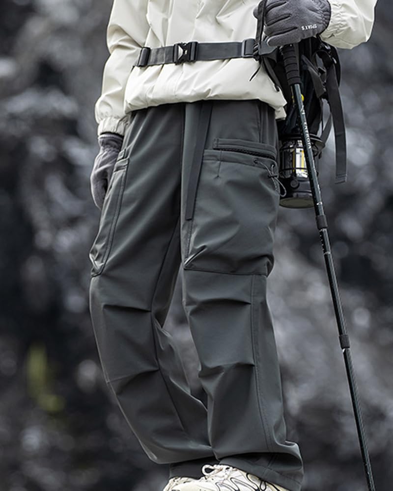 DAIHAN Hombre Softshell Pantalones Trekking Impermeables Cintura elástica Pantalones Cargo de Combate Senderismo de montaña Multibolsillos con cordón