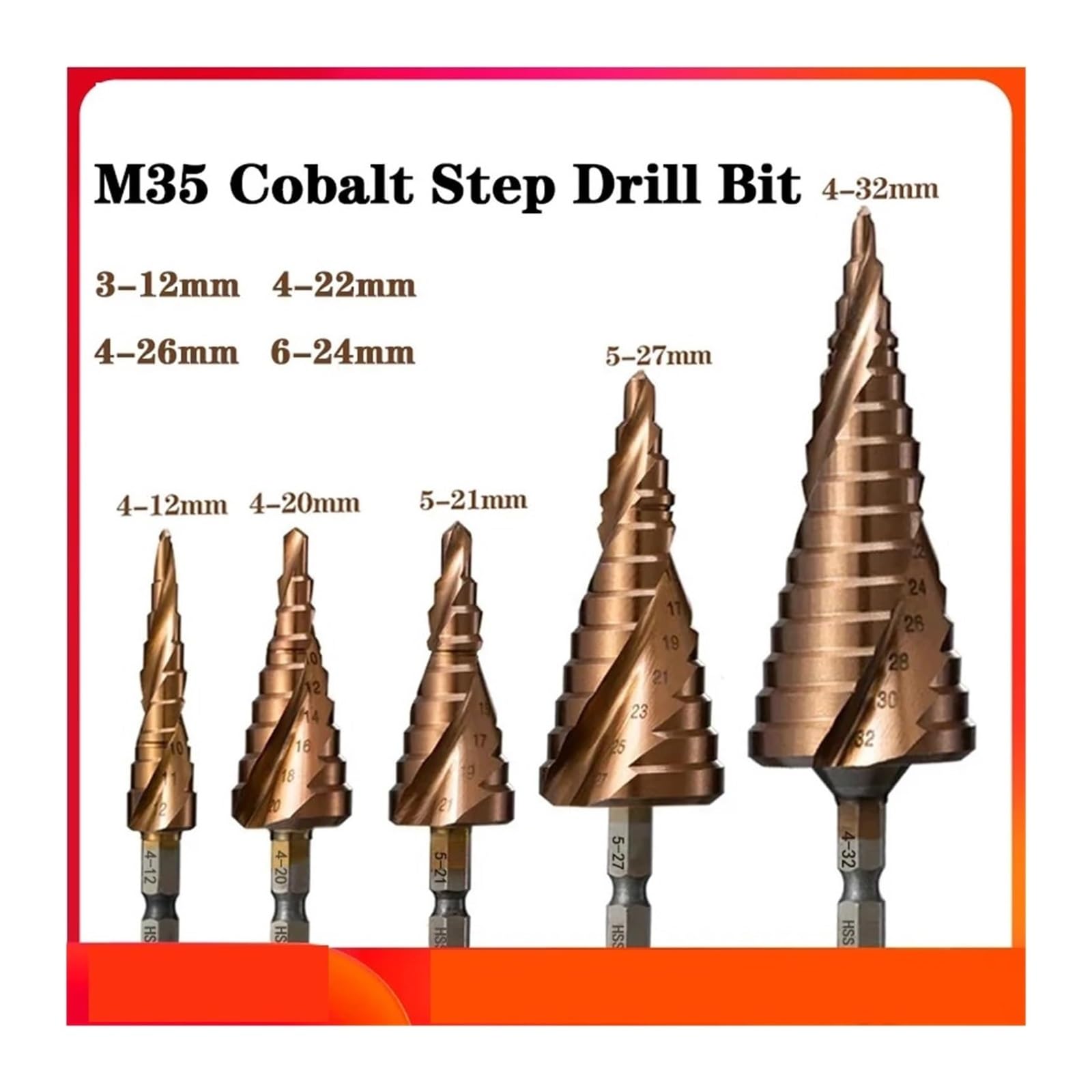 Wiertła do metalu, Wiertło spiralne z rowkiem, Wiertło stopniowe M35 5% kobaltu Wiertło HSS Co Cone Hex Shank do metalu(6 24mm)